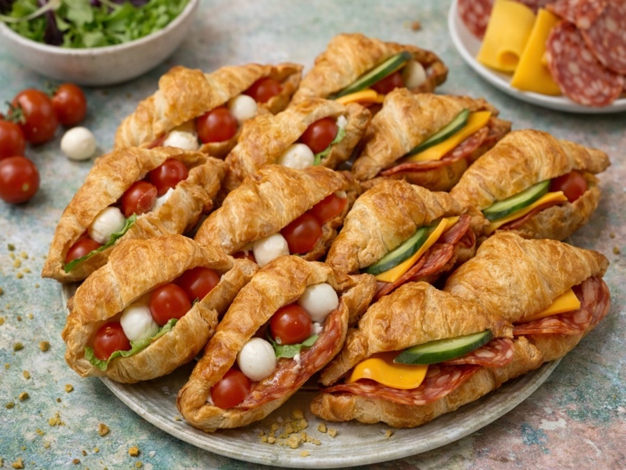 Мини кроасани с моцарела, чери, вентричина и чедър