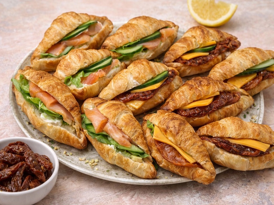 Мини кроасани с пушена сьомга и сушени домати